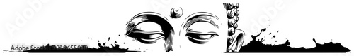 Close up Buddha face eyes with grunge ink splashes vector illustration