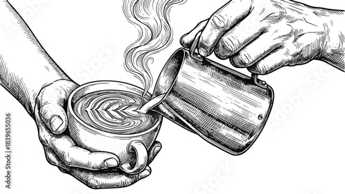 Barista pouring latte art into a coffee cup hand-drawn illustration.