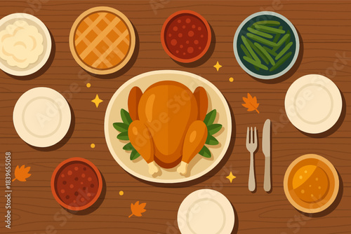Thanksgiving dinner table setting with roasted turkey pies and side dishes flat illustration for holiday celebration and autumn feast