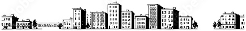 Row of residential city buildings and apartment blocks vector illustration