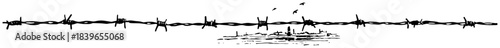 Horizontal barbed wire fence line with distant landscape vector illustration