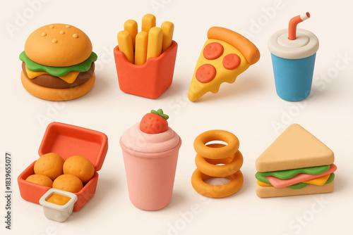 Collection of clay-made fast food icons including burger fries pizza and drinks perfect for app design and food branding