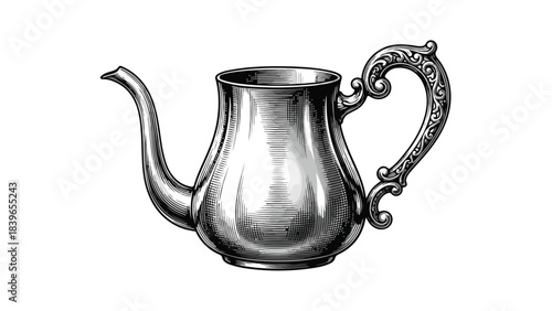 Vintage silver teapot with ornate handle and spout.