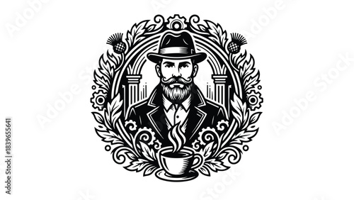 Elegant Gentleman with Hat and Coffee Cup in Ornate Frame.