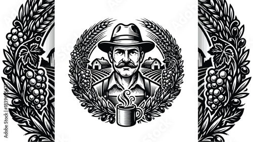 Vintage Farmer Emblem with Wheat and Grapes.