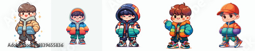 Cute and Handsome Boy Wearing a Puffer Jacket Vector Illustration