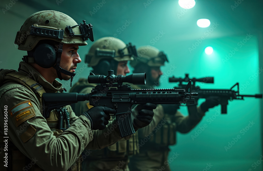 Obraz premium Three soldiers in tactical gear aim assault rifles. They wear helmets with night vision goggles and ear protection. Team prepares for combat mission training in indoor range.