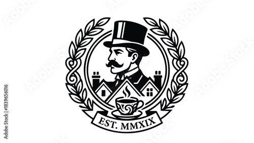 Elegant Gentleman with Top Hat and Moustache in Laurel Wreath Logo.