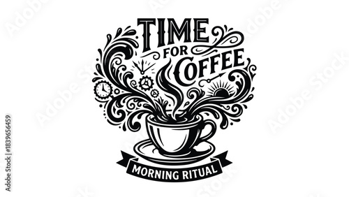 Time for Coffee Morning Ritual Hand Drawn Illustration.