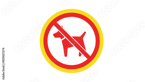 Black background with a round yellow and red sign indicating no dogs allowed with a red dog silhouette crossed out by a red line