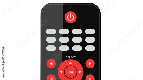 Black Remote Control With Red Power Button And Navigation Buttons On Black Background High Angle Shot