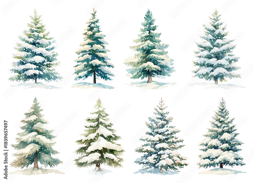 Obraz premium Watercolor snowy evergreen trees.