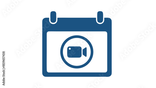 Blue Calendar Icon With A Video Camera Symbol Inside A Circle Over A Black Background Representing Scheduling Or Online Meetings