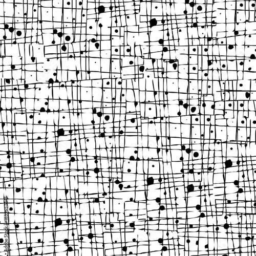 Monochrome pattern with dense artistic marks and bold abstract brush elements.