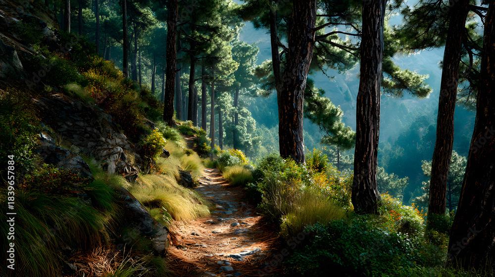 Fototapeta premium Peaceful mountain path winding through pine forest under sunlight 