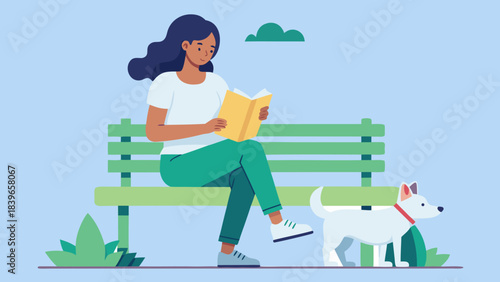 Woman reading a book with her dog on a park bench illustration of leisure and companionship flat design concept for relaxation and outdoor activities
