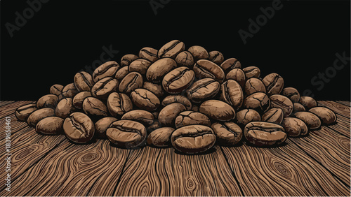 A large pile of roasted coffee beans on a rustic wooden table ready for brewing a delicious beverage.