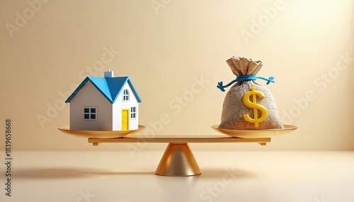 Illustration of house and money bag on balance scales. Concept depicts financial decisions. Represents property investment value versus capital. Financial planning for real estate or home.