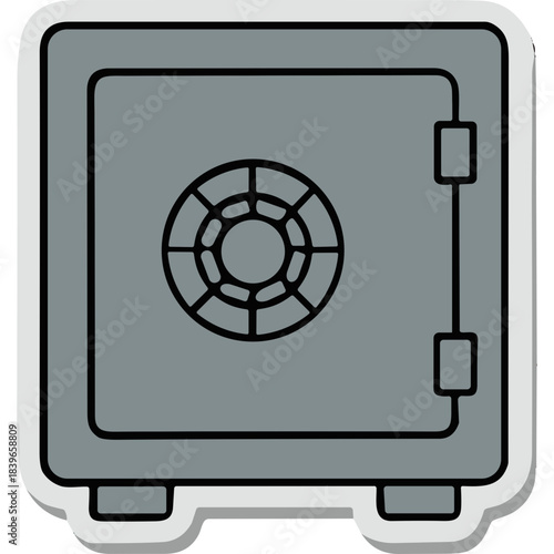 A Simple Gray Safe With A Black Circular Dial And Black Outline Closed Door Standing On Two Gray Feet Isolated On A White Background With A Gray Border