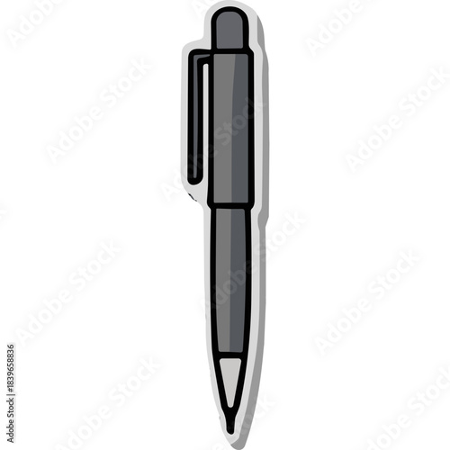 A Simple Gray Ballpoint Pen With a Clip Renders in a Flat Design Style Against a Black Background With a Subtle Drop Shadow Effect