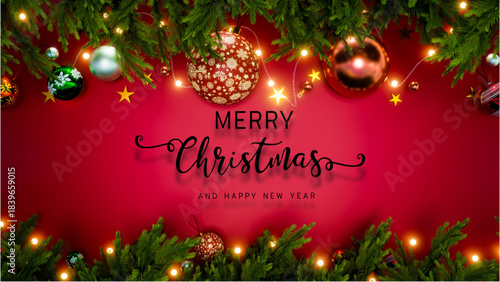 Merry Christmas red greeting card. Merry Christmas text with Christmas decorations.