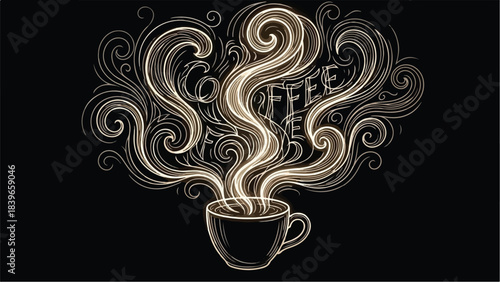 Steaming coffee cup with swirling steam on black background.