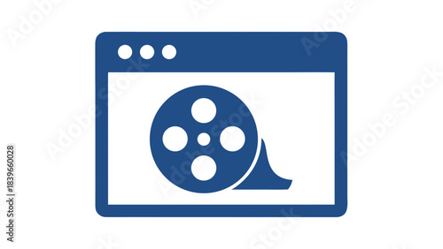 Blue Icon Representing A Film Reel Inside A Web Browser Window On A Black Background Showing Digital Media Or Online Streaming Services For Entertainment And Cinema