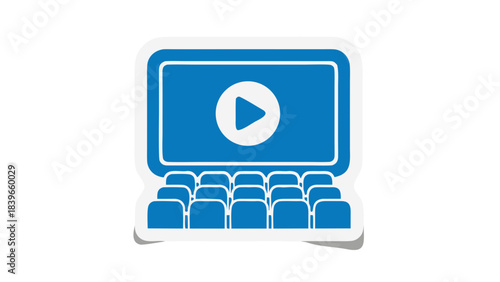 Blue Icon Representing A Cinema Screen With A Play Button And Rows Of Empty Seats Inside A Dark Movie Theater Auditorium