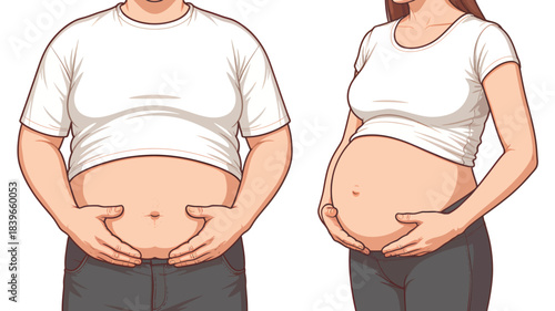 Overweight man and pregnant woman comparison of body shapes illustration for health and wellness concepts