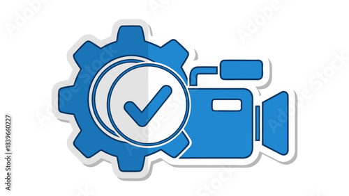 Blue Gear with Check Mark and Video Camera Icon Represents Video Production Process Workflow and Approval on White Background