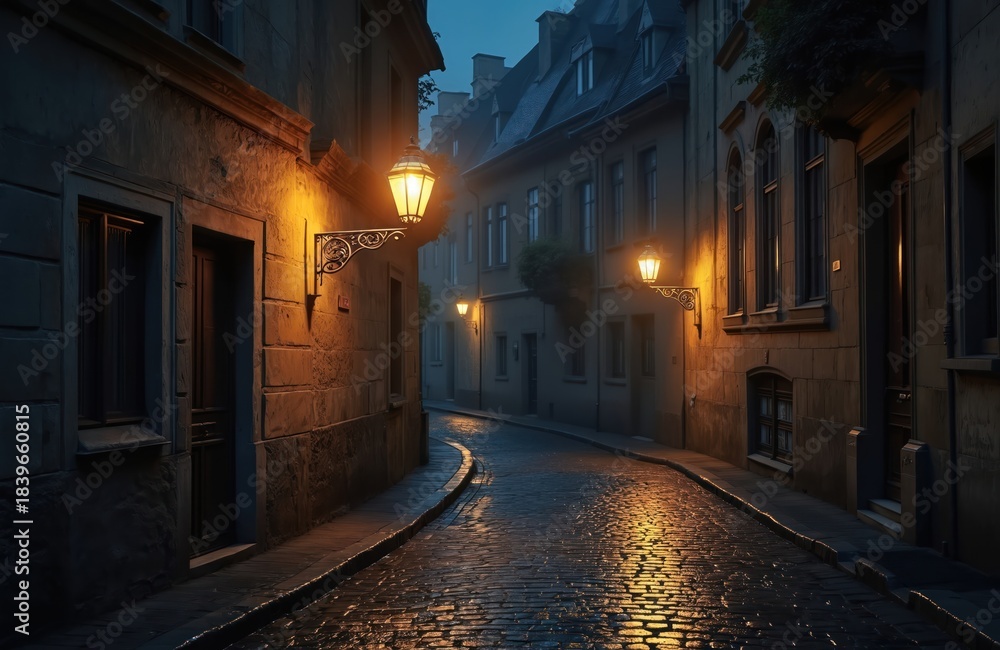 Fototapeta premium Cobblestone street illuminated with old lamps in night. Empty street leads into distance past aged buildings. Scenic view european architecture with stone walls. Perfect cityscape for tourist