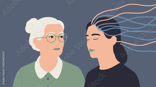 Two women one older with glasses and one younger with wires connected to her head representing connection or ideas