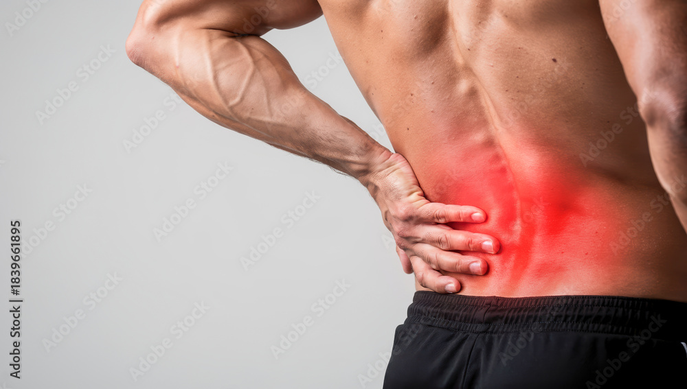 Obraz premium A man holds his lower back tightly, clearly experiencing discomfort and pain during the day, close up on red glowing area