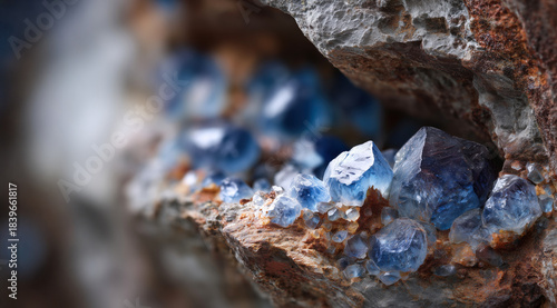 sparkling blue topaz crystals shimmer atop rough stone, creating a stunning display in a serene natural environment