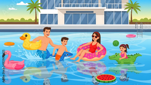 Family Having Fun in the Swimming Pool with Floats Illustration
