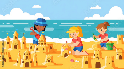 Children Building Sandcastles at the Beach Illustration