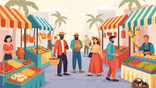 Vibrant Tropical Street Market Illustration