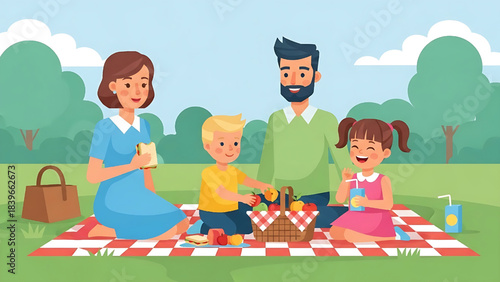 Family Picnic on Plaid Blanket Illustration