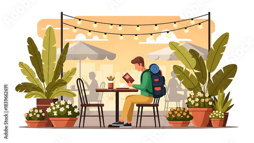 Solo Traveler Reading Book at Cafe Terrace Illustration