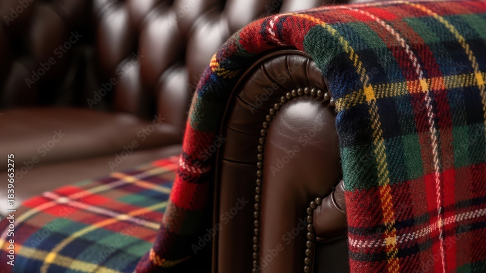 Naklejka premium Cozy tartan blanket draped over classic leather sofa in warm interior setting