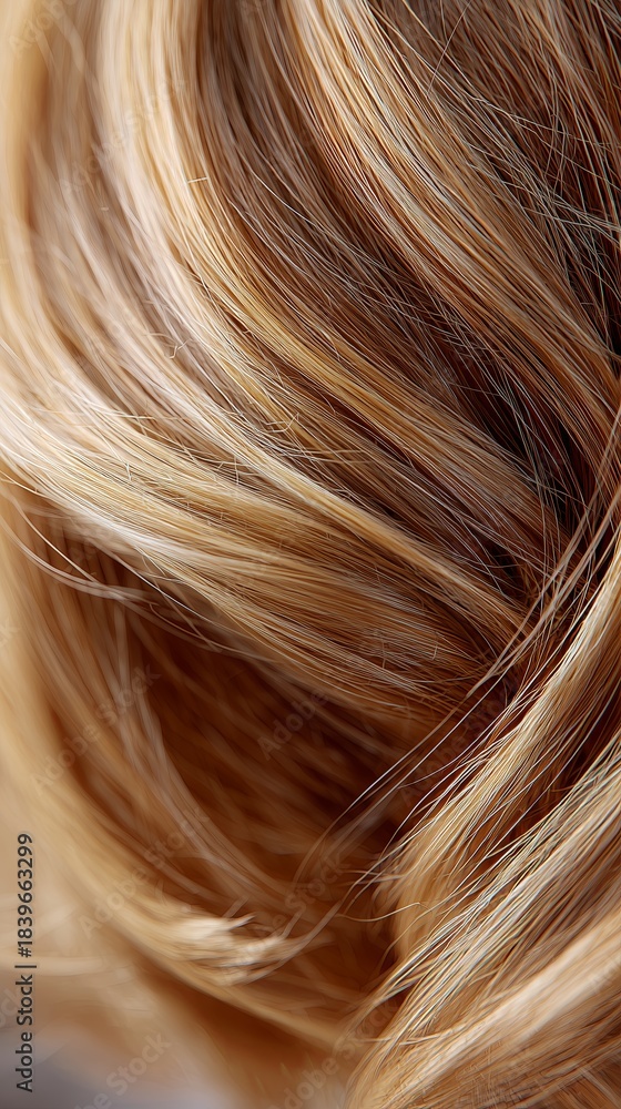 Fototapeta premium Close-up view of flowing, wavy hair showcasing a blend of golden and light brown tones, highlighting texture and shine, perfect for beauty and haircare concepts