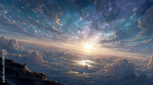 Majestic sunrise over a vast ocean of clouds, with vibrant colors illuminating the sky, creating a breathtaking celestial landscape filled with wonder and tranquility