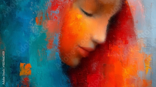 Abstract portrait of a woman with vibrant red and orange hair, surrounded by a blend of blue and orange hues, showcasing emotional depth and artistic expression
