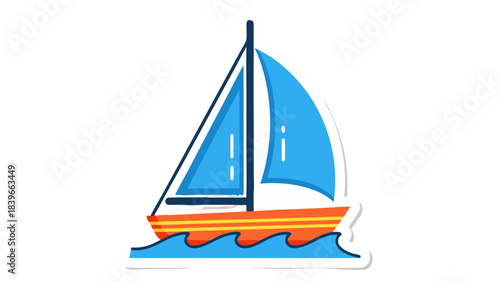 Blue Sailboat With Orange Hull Sailing On Blue Waves Nautical Transportation And Recreation Graphic Sticker Illustration