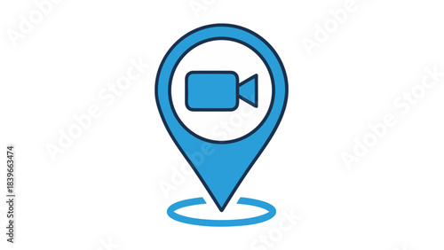 Blue Location Pin Icon with White Circle Containing a Video Camera Symbol on Black Background Symbolizing Filming Location or Video Recording Spot