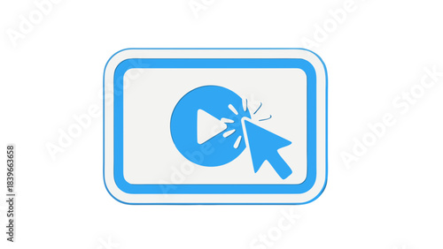 Blue play button icon on a digital screen with a cursor clicking the play icon indicating video playback or online media activation on a clean dark background with white border framing