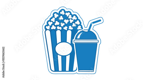 Blue Popcorn Bucket and Drink Cup With Straw Icon on Black Background Movie Theater Snacks Entertainment Refreshment Cinema Food Concession Stand Beverage