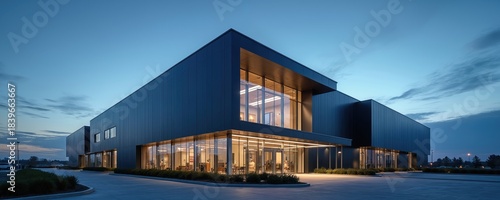 Modern dark building exterior at dusk with glass facade. Lit interior reveals office spaces and architectural design. Minimalist structure stands against twilight sky.