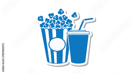 Blue popcorn bucket and soda cup with straw icon on black background movie night entertainment and snacks