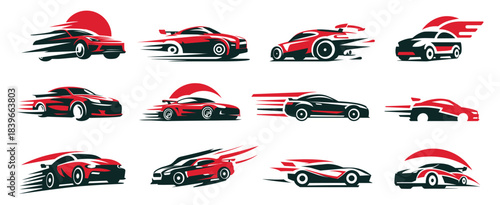 Cars logos set. Car red black logo emblem sign, speed movement stylized minimalist design racing auto service parts automobile vector illustration